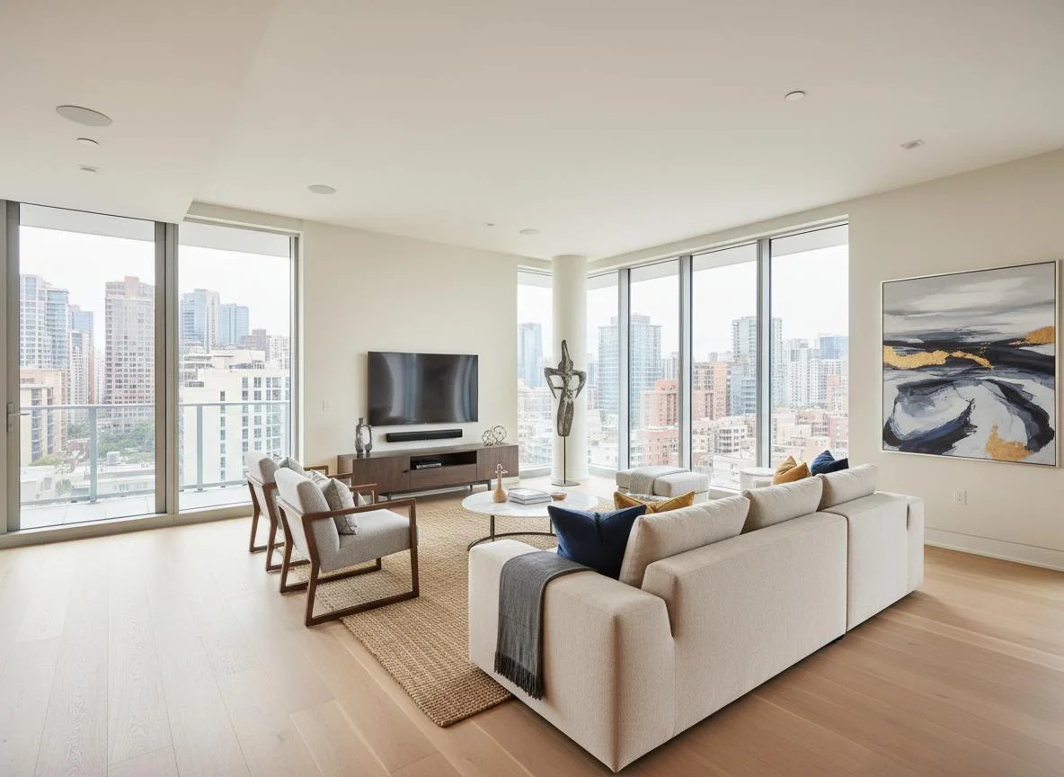 Godrej Vanantara apartment living room interior render with garden-facing glazing