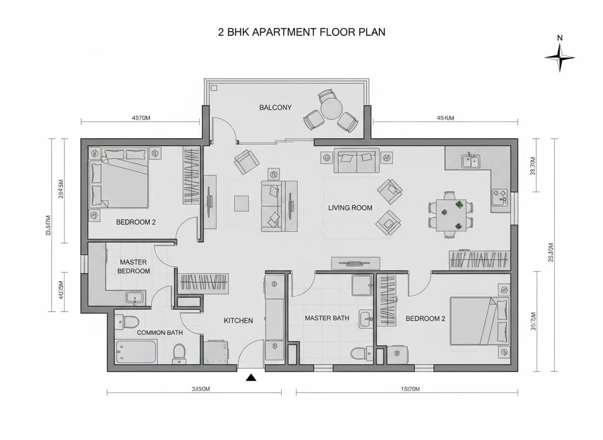 Godrej Vanantara 2 BHK floor plan, 1,250 sq.ft. with two bedrooms, two bathrooms and balcony
