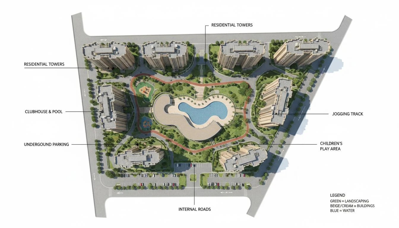 Godrej Vanantara master plan site layout showing 18 towers, central clubhouse and 4-acre forest zone